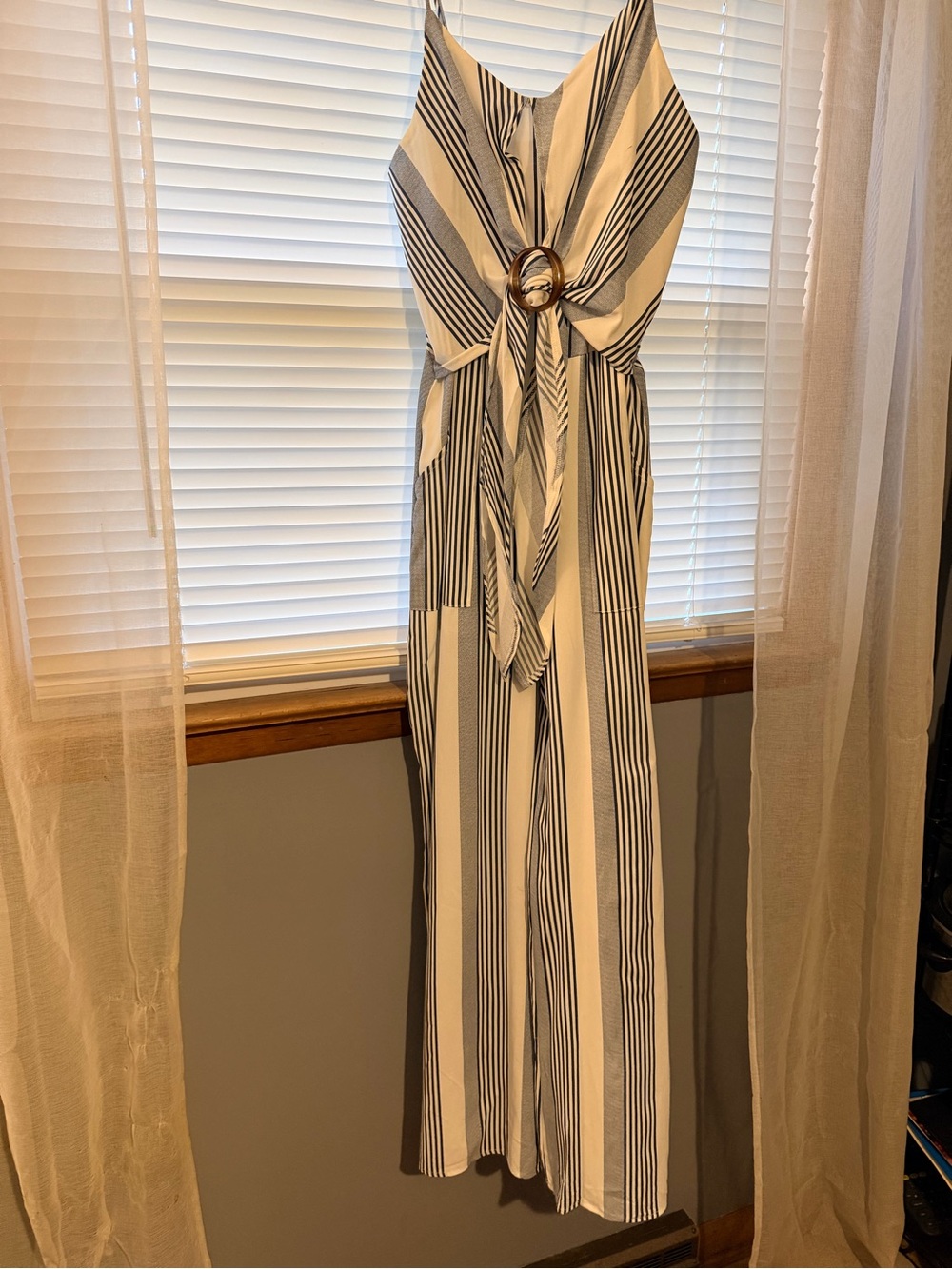 Striped V-Neck Jumpsuit with Waist Tie - Navy and White